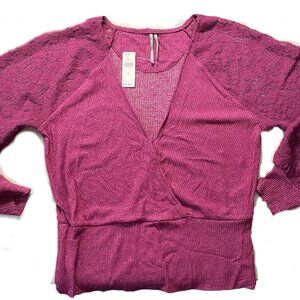 NWT Anthropologie Magenta Plum Ribbed Banded Lace Sleeve Sweater Stretch XL
